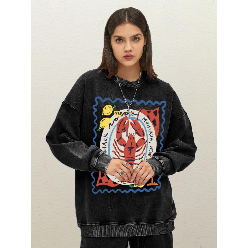 Lemon Drink With Lobster Print Womens Washed Sweatshirts Cotton Casual Sportswear Loose Autumn Clothes Crewneck Streetwer