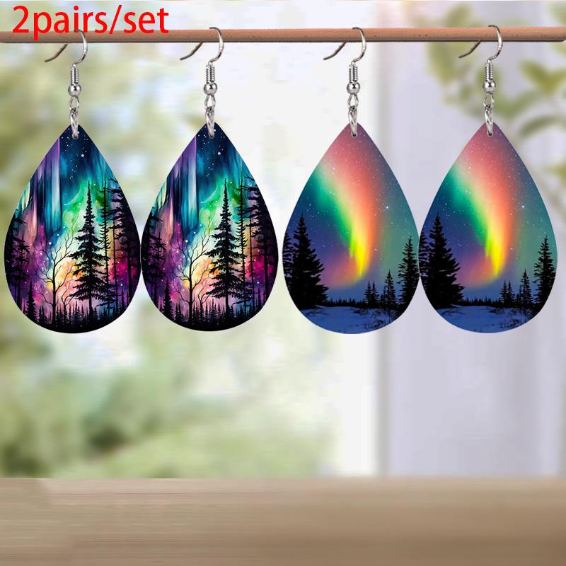 Aurora Pine Shadow PU Leather Earrings Fashion Drop Dangle Earrings Cool Earrings Vacation Casual Earrings Jewelry Simple Gifts for Best Friends