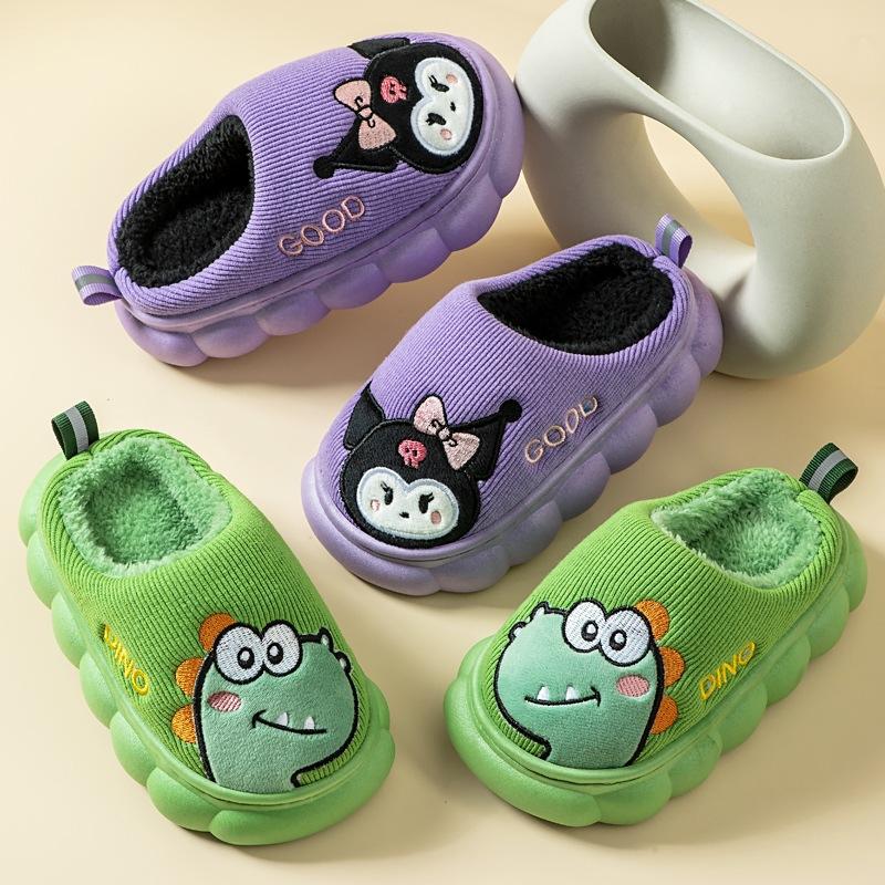 Children's cotton slippers for indoor use, boys and girls, small, medium, and large children, autumn and winter boys' home thick-soled dinosaur plush