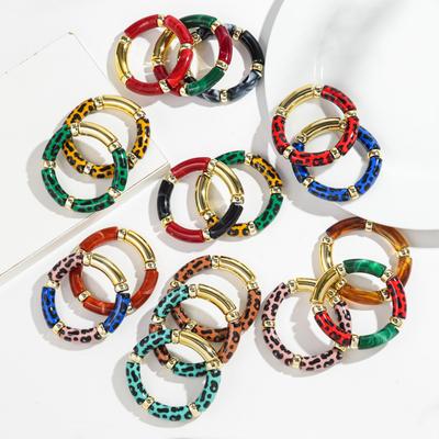 Leopard Colorful Bamboo Curved Tube Bracelets for Women Men Punk Resin Thick Beaded Elastic Stackable Bangles Retro Jewelry Gift