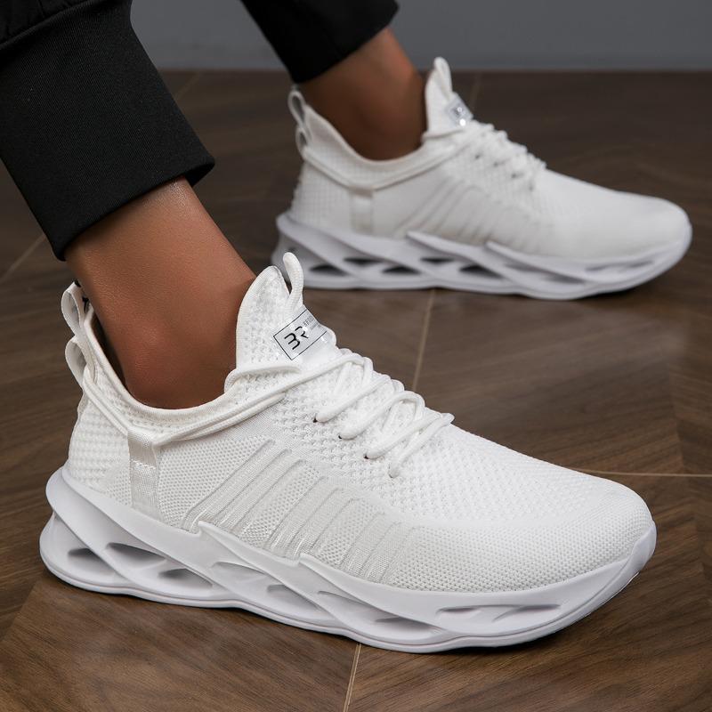 Men Breathable Knit Blade Sneakers for Men Women Lightweight Non-Slip Walking Shoes with Contrast Yellow Laces