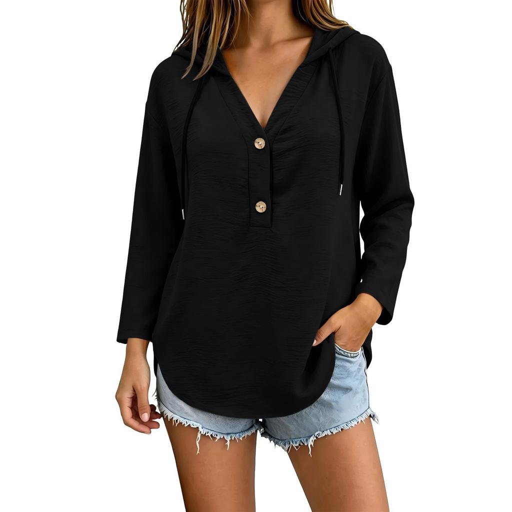 Women's Casual Color Hooded V-Neck Long Sleeve Button Front Shirt Top for Everyday Wear