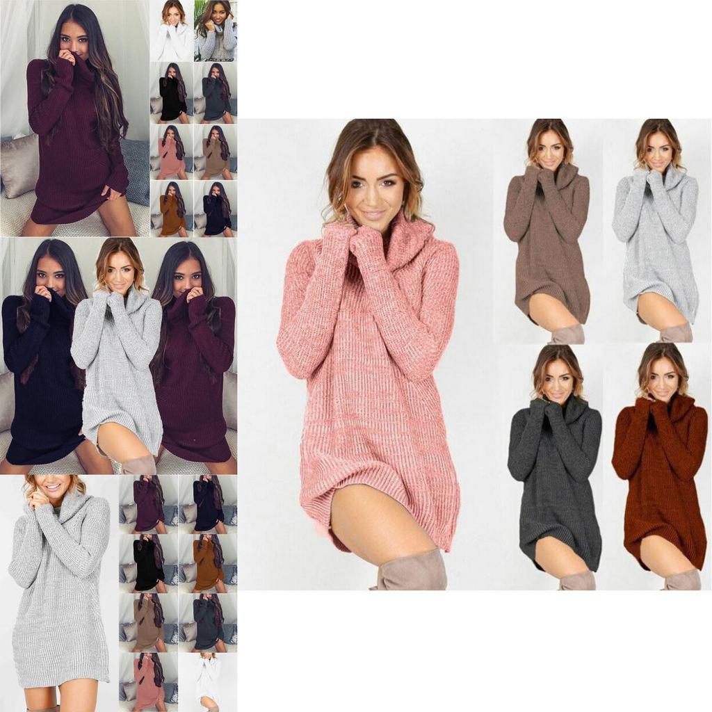 Elegant Women's Warm Knitted Jumper Mini Dress With High Neck Chunky Sweater Top