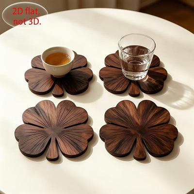 2D flache Kleeblatt Holzuntersetzer, 1 Stück Walnussfarbene Untersetzer, Luxuriöses Schreibtischschutz-Untersetzer-Set für Kaffee- und Teetassen
