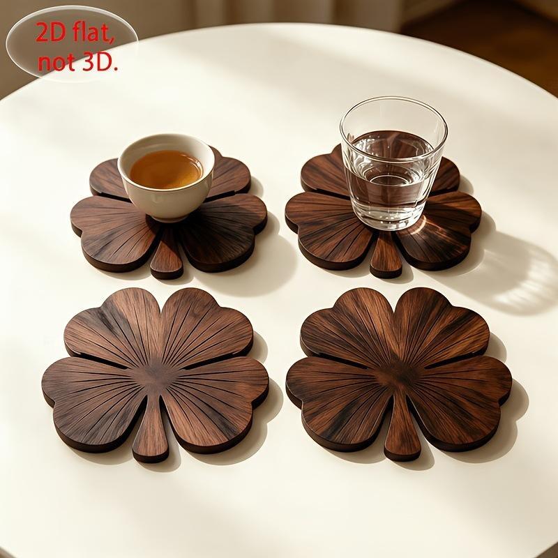 2D Flat Clover Wooden Coasters, 1Pcs Walnut-Colored Coasters, Luxurious Desktop Protection Coaster Set For Coffee And Tea Cups