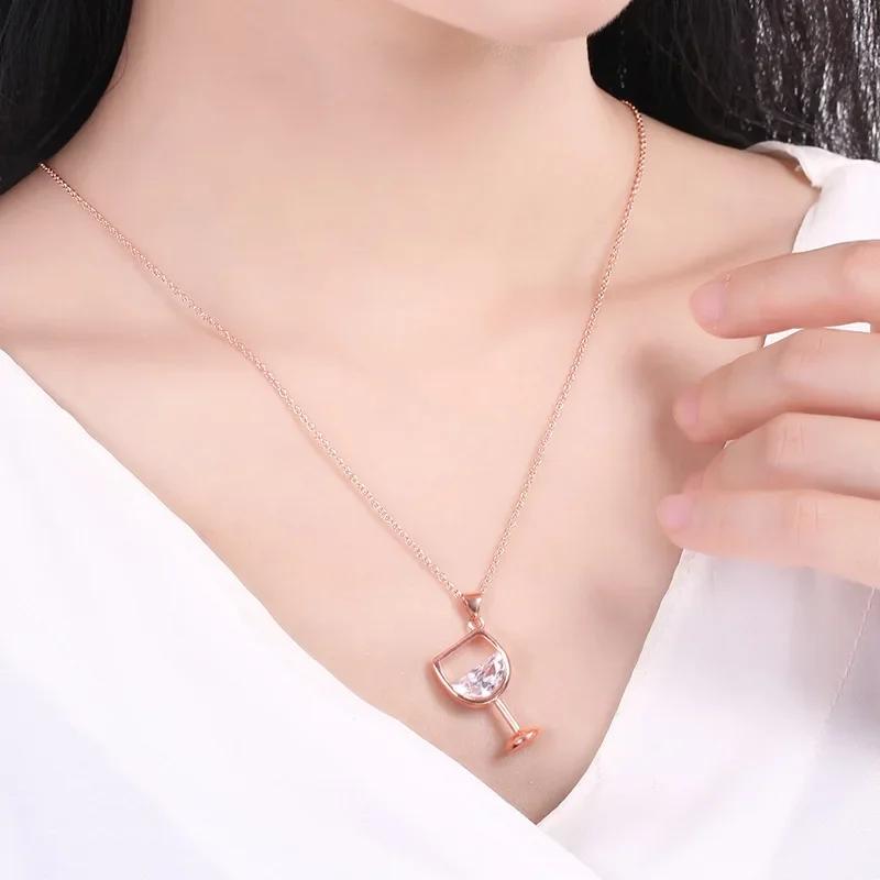 Exquisite Cute Wine Glass Pendant Ladies Long Chain Fashion Jewelry Zircon Color 925 Necklace Sweater Chain