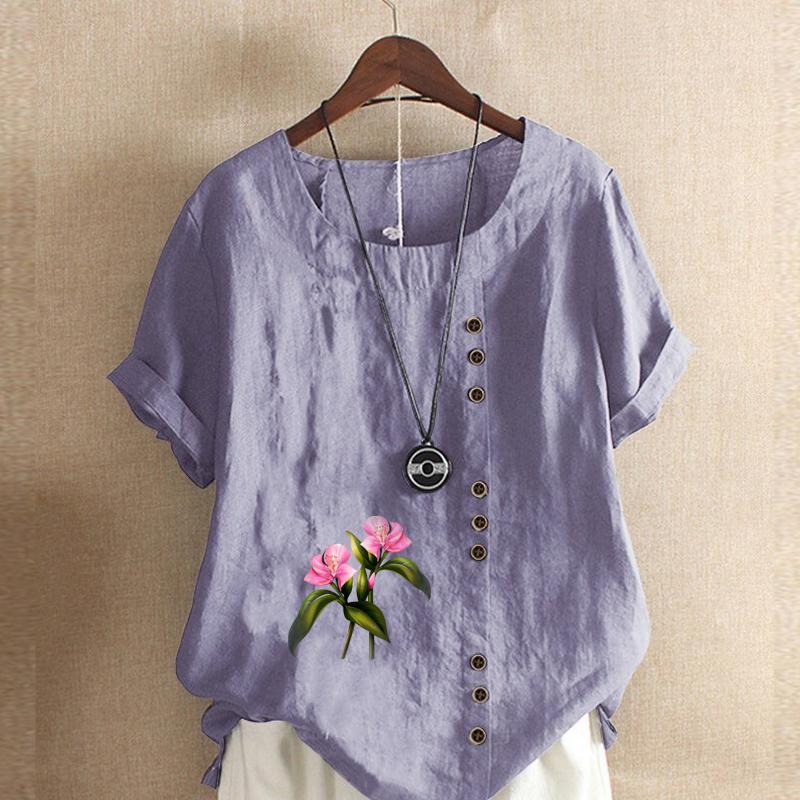 T-shirt Manches Courtes Imprimé Fleurs Mode Femme Chemise Ample en Coton Blouse Ample Décontractée Été Hauts