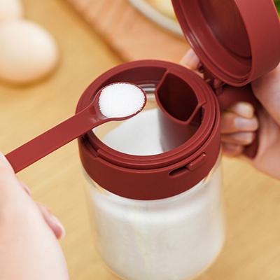 Glass Spice Jar with Spoon Locking Design Heat-Resistant Seasoning Container for Kitchen 2-in-1 Storage Jar with Spoon for Salt Sugar Spices