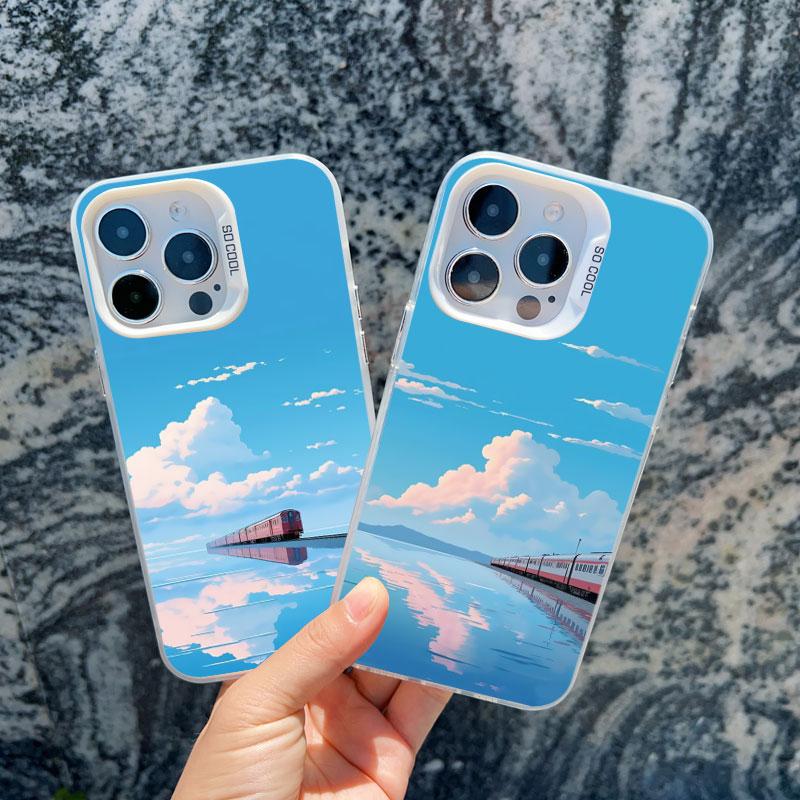 Sea Blue Sky Beach Rail Car Laser Phone Case For iPhone 16 11 12 13 Pro Max Mini 15 14 Pro Max Plus Shockproof Back Cover Fundas