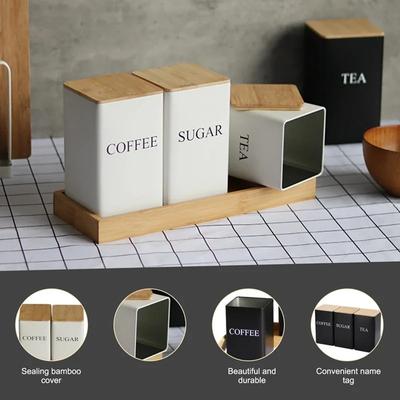 Coffee Bean Storage With Bamboo Lid Simple Style Metal Tea Coffee Sugar Storage Jars Tea Can Kitchen Supplies