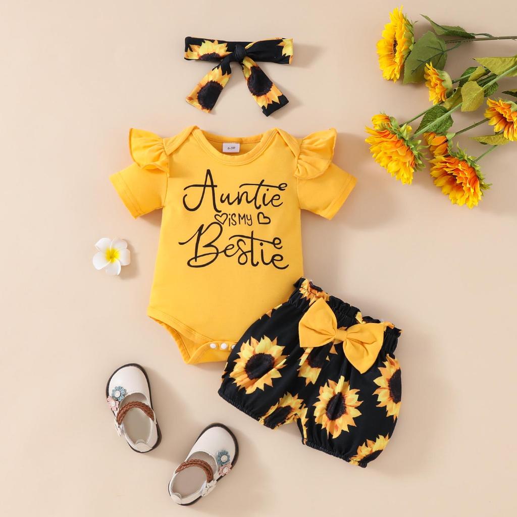 Baby Girl Summer Romper & Shorts Set - "Letter" Top with Belted Flower Pants