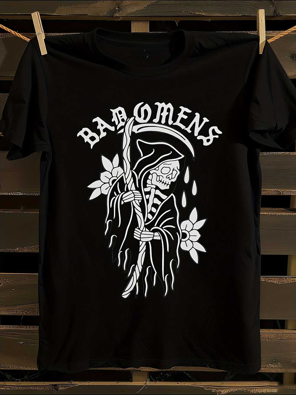 

Gothic Grim Reaper & Bad Omens Logo T-Shirt Mens Tshirt Womens Tshirts with Letters Print Short Sleeves T-Shirt Casual Street Tee Shirt Top XXXXL