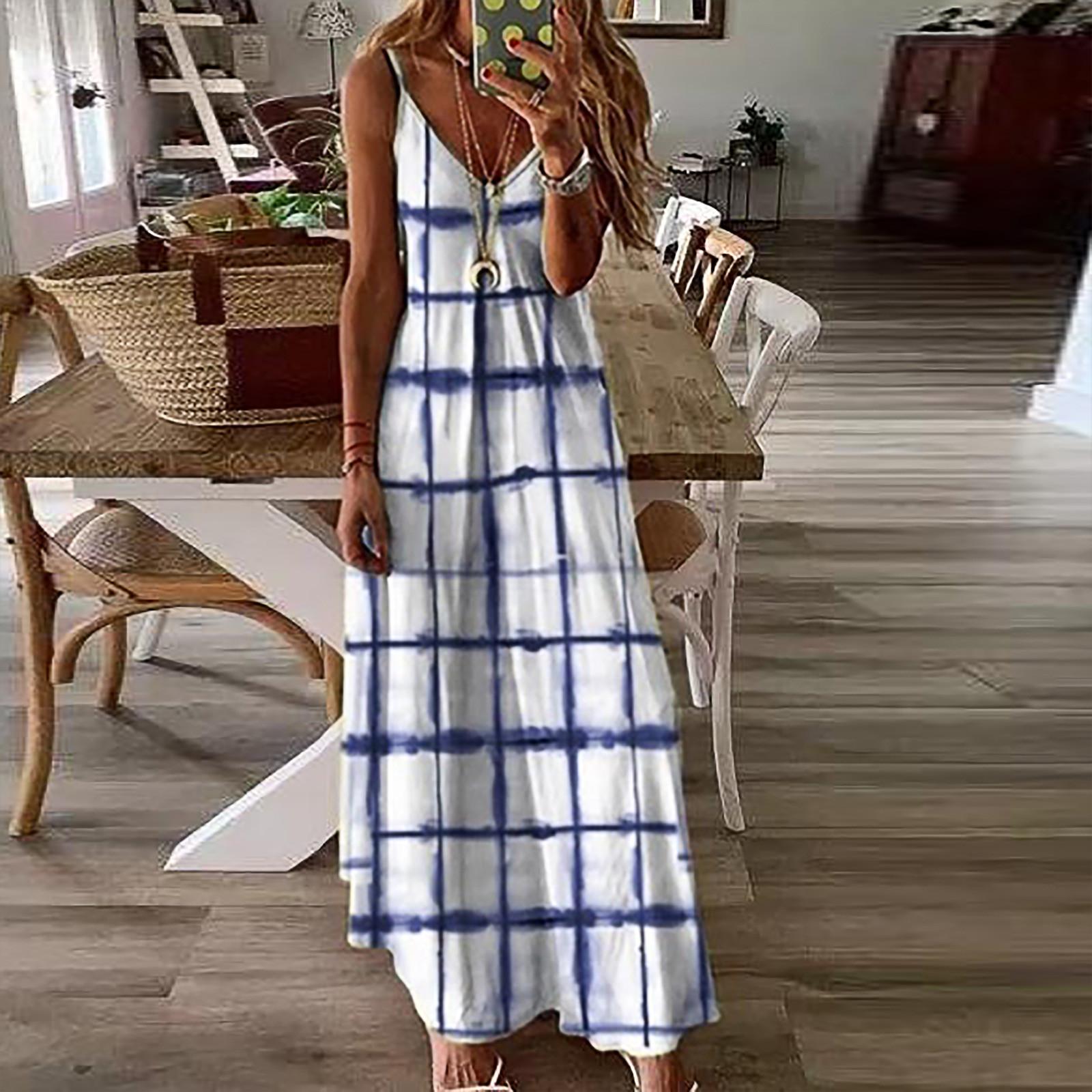 

Women s Fashion Casual Sleeveless Vest V-Neck Printing Maxi Tank Long Dress M білий