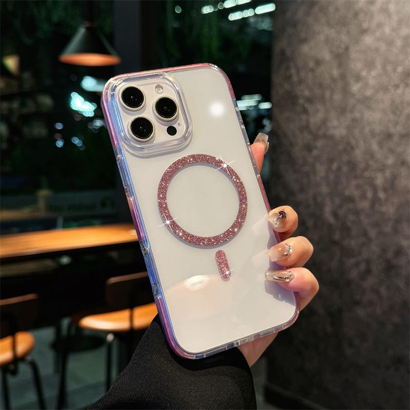 Luxury Glitter Magsafe Wireless Charge Case for iPhone 16 15 14 13 12 Pro Max Plus Magnetic Plating Clear Hard Back Cover