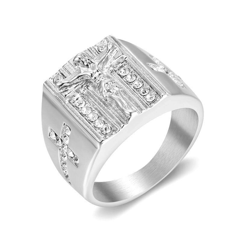Men Rings,Shinny Zircon Cross Ring, Hiphop Stainless Steel Ring,Gold Plated Jewelry 11