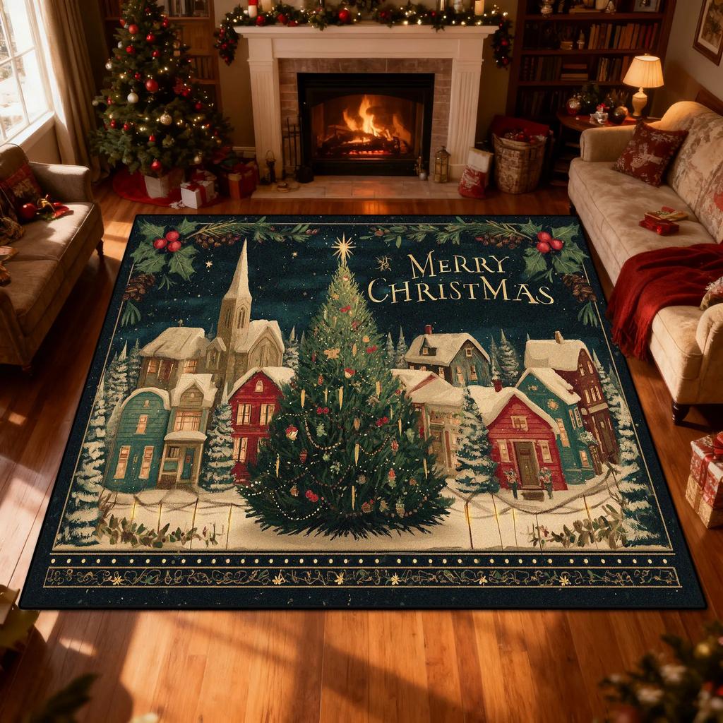 Fröhliche Weihnachtsnacht Teppich Teppich Verschneites Dorf Baum Heimdekoration Matte Festlich Traditionell Weihnachten Wohnzimmer Dekorative Szene