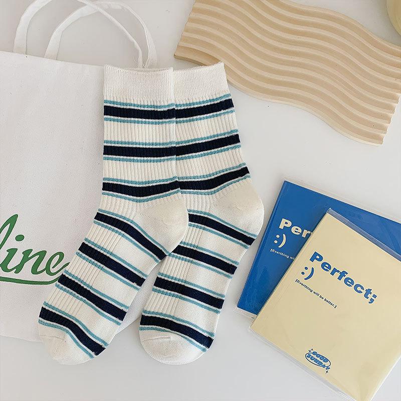 Socks Season Casual Stripes Fresh And Sweet Cotton Socks Trendy Simple Mid-Tube Stacking Socks