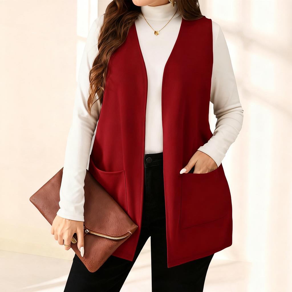 Ladies' Casual And Fashion V-neck Solid Color And Sleeveless Vest Jacket