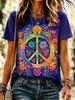 Women's Spring Summer Crew-Neck Short-Sleeve T-Shirt Soft-Toned Tie-Dye with Sun and Peace Symbols Casual Vacation Top