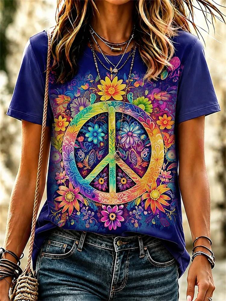 Women's Spring Summer Crew-Neck Short-Sleeve T-Shirt Soft-Toned Tie-Dye with Sun and Peace Symbols Casual Vacation Top