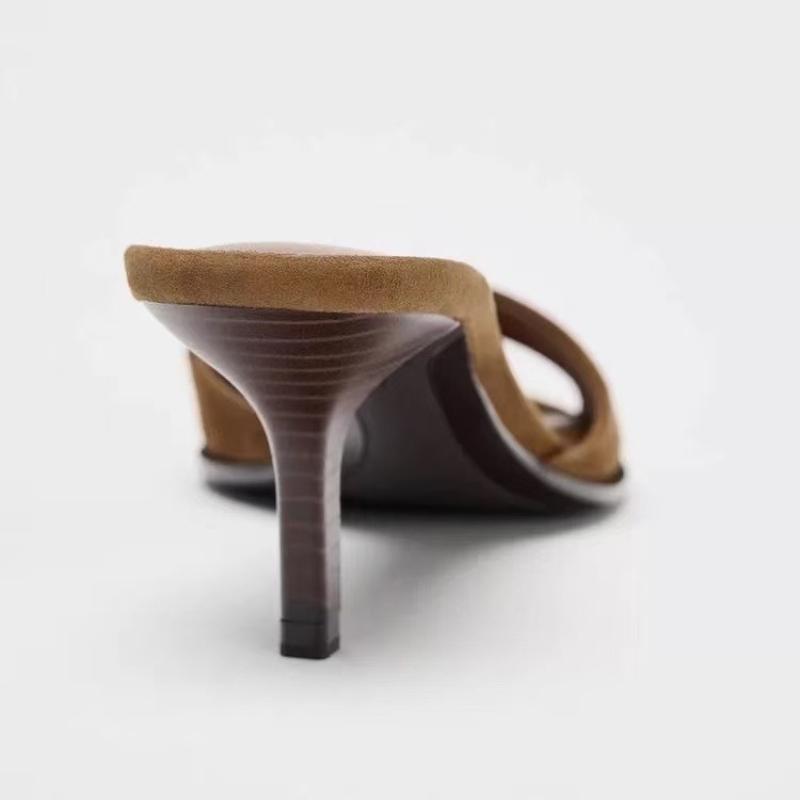 Fashion High Quality Brown Satin Slippers Women Fashion Pointed Toe Thin Heel Slide Sandals Comfort Concise Designer Shoes Zapatos Mujer