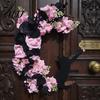 Dark Aesthetic Interior Decor Halloween Black Cat Half Moon Wreath, Artificial Roses Berries Crescent Grapevine Decorative Resin Statue Spooky Gothic