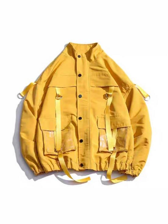 Men's Trendy Solid Color Workwear Jacket with Lapel and Large Pockets for Spring/Autumn.
