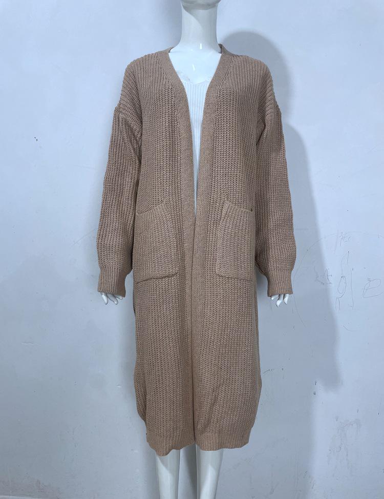 Solid Color Women's Knitted Mid-length Cardigan with Pockets