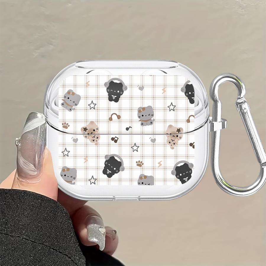 Case For Samsung Galaxy Buds 3Pro Live 4 Pro 2 2Pro 4Pro 3 FE Clear Earphone Cases Cover With Hook Grid Cartoon Cat