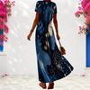 Women Plus Size V Neck Short Sleeve Printed Navy Blue Maxi Dress
