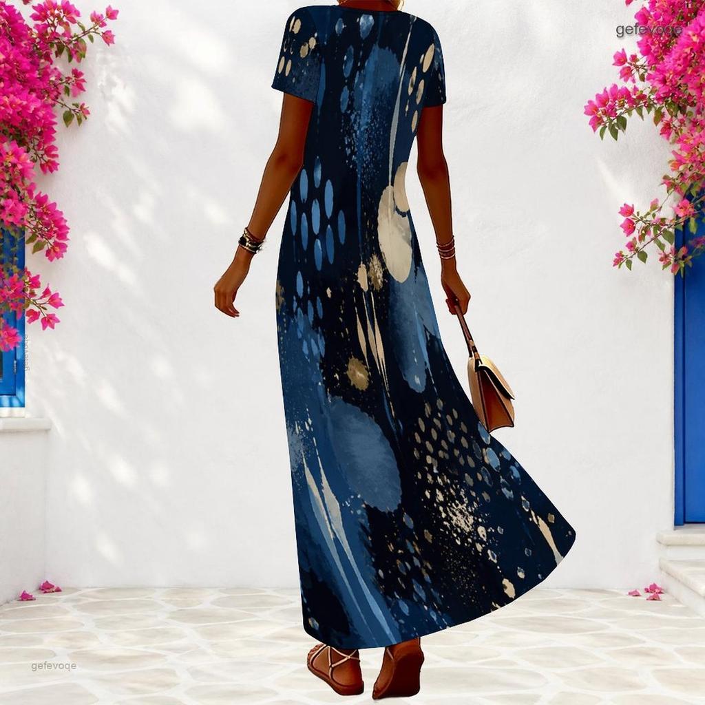 Women Plus Size V Neck Short Sleeve Printed Navy Blue Maxi Dress