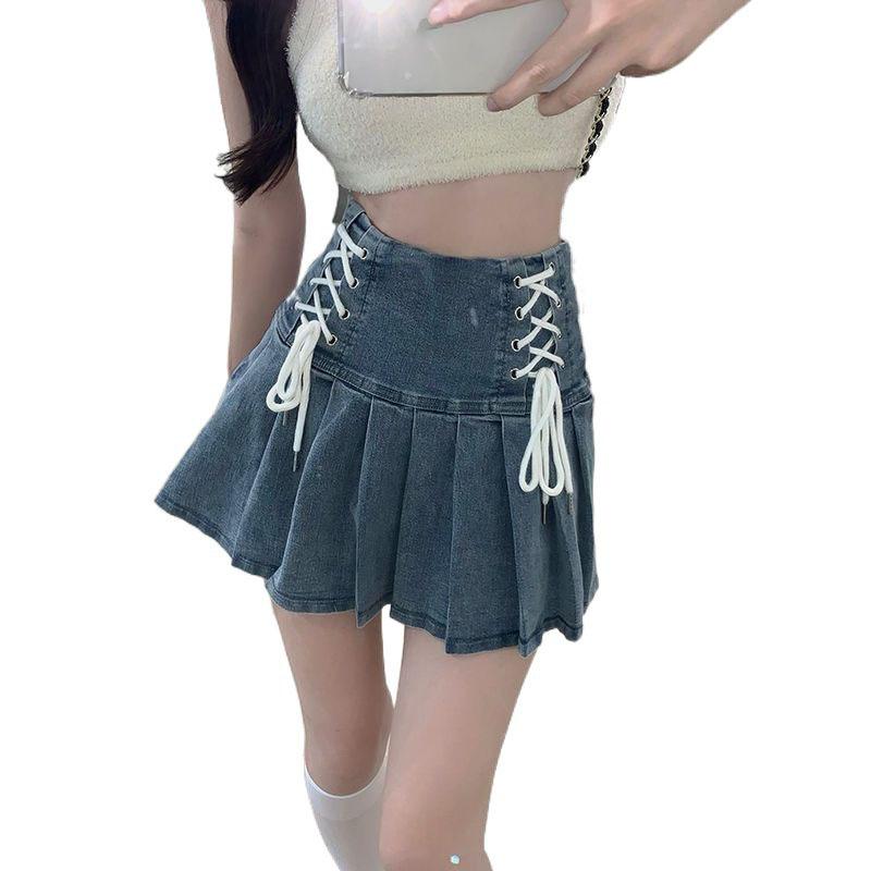 

Летняя кавайная клетчатая мини-юбка женская японская милая милая кружевная лоскутная юбка с высокой талией и двойным плиссированием с бантом в стиле Лолита L синий