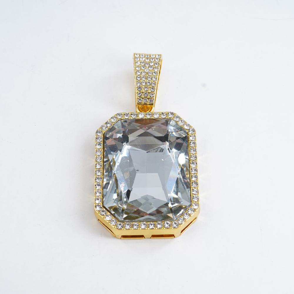 European and American Jewelry Fashion Square Colored Gemstone Necklace Pendant for Men, Hip-hop Style, Full Diamond Cuban Chain Necklace, Unisex