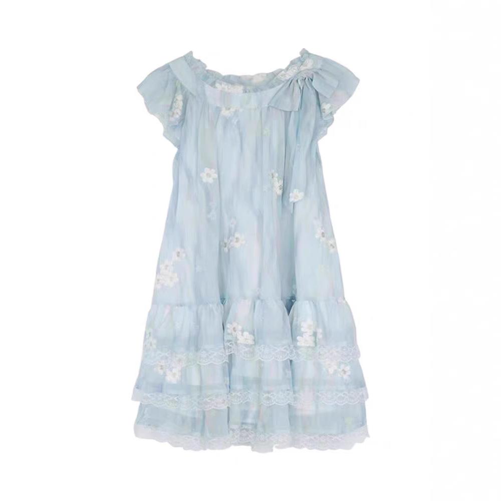 Französisches kleines Flugärmel-Blumen-Tüllkleid Kinder-Sommer Neu Kleines Temperament Prinzessin Kurzkleid
