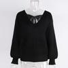 Women's Bow Knit Sweater Long Sleeve Backless V-Neck Drop Chunky Pullover Sweater