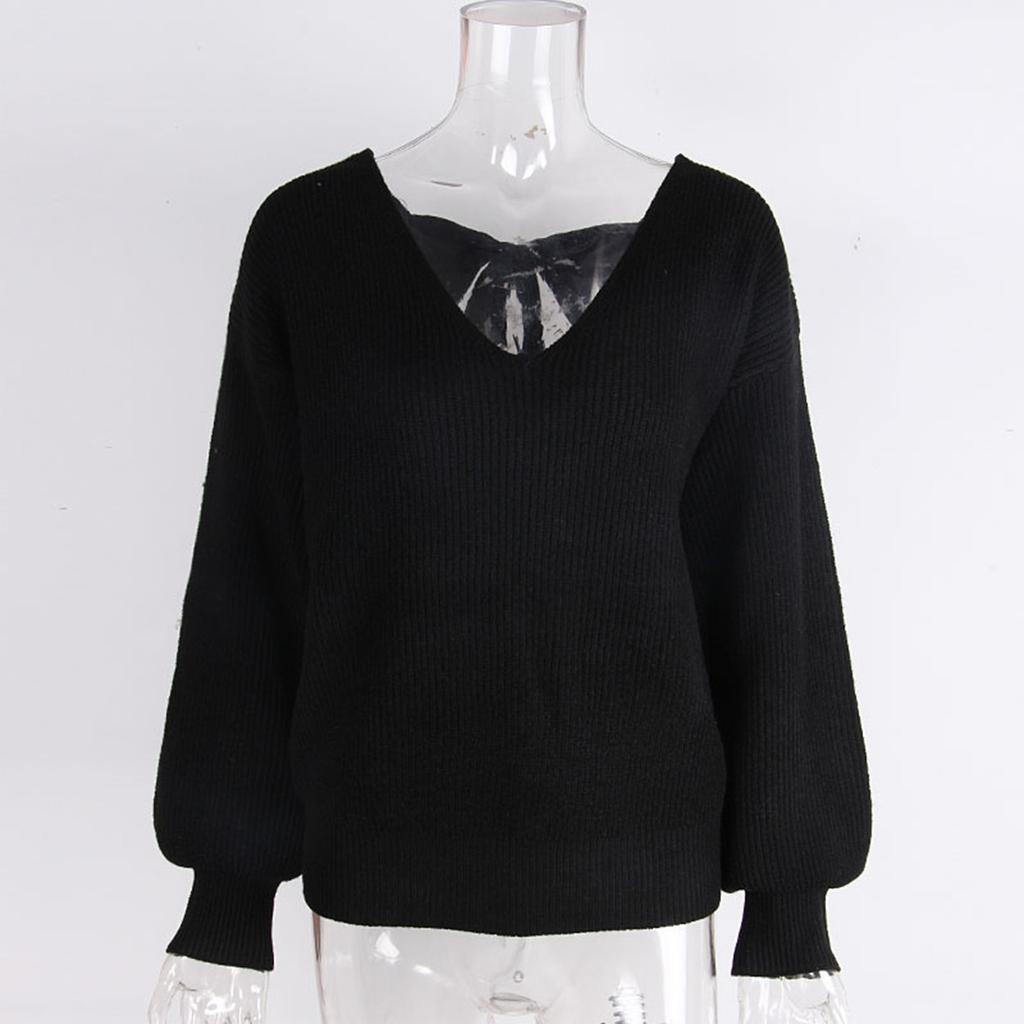 Women's Bow Knit Sweater Long Sleeve Backless V-Neck Drop Chunky Pullover Sweater