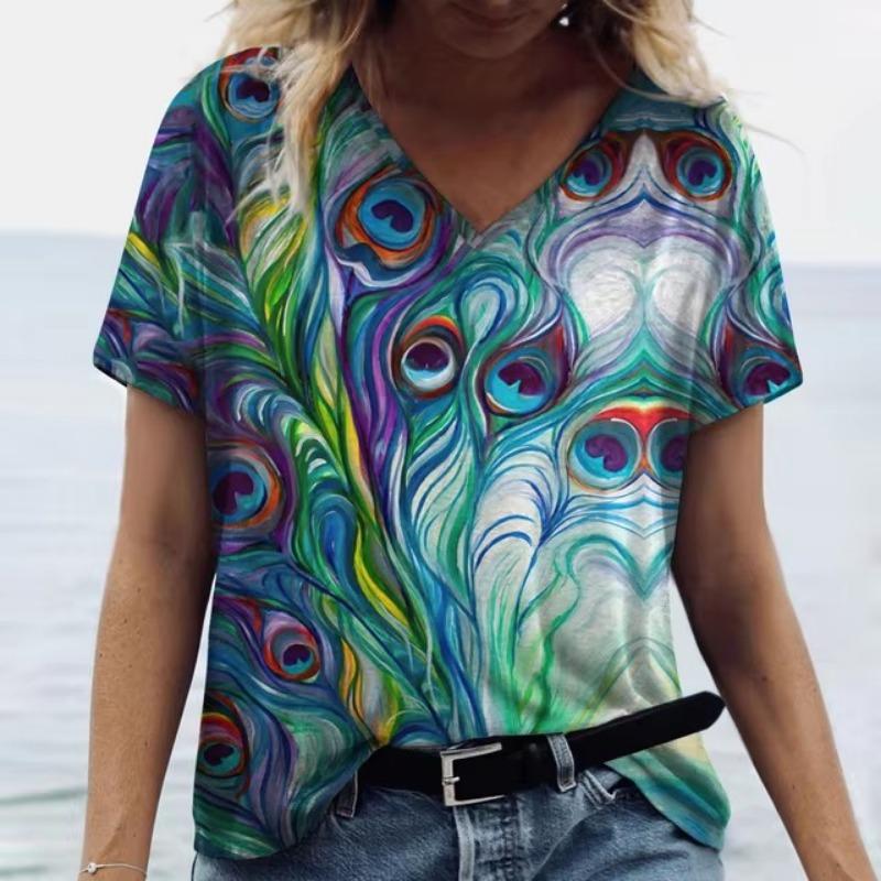 Summer V Neck Women T-Shirts 3D Print Peacock Feather Graphic Fashion Short Sleeve Harajuku Y2k Top Oversized Casual Female T Shirt