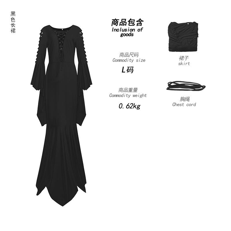 

Готическое платье ведьмы вампира на Хэллоуин для женщин, шнуровка, глубокий V-образный вырез, Хэллоуин, длинный рукав «летучая мышь», длина до пола, асимметричное платье 2XL 60-65kg чёрный