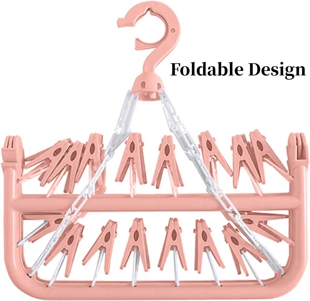 Pink 32 Clips Clothes Drying Hanger,PP Windproof Clothespin for Underwear Sock,Household Foldable Multi-functional Laundry Racks