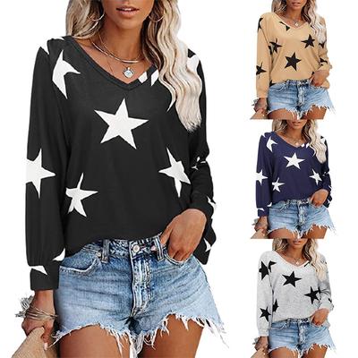 Herbst und Winter Neu Damen Fünfzackstern-Print V-Ausschnitt Langarm-Pullover T-Shirt