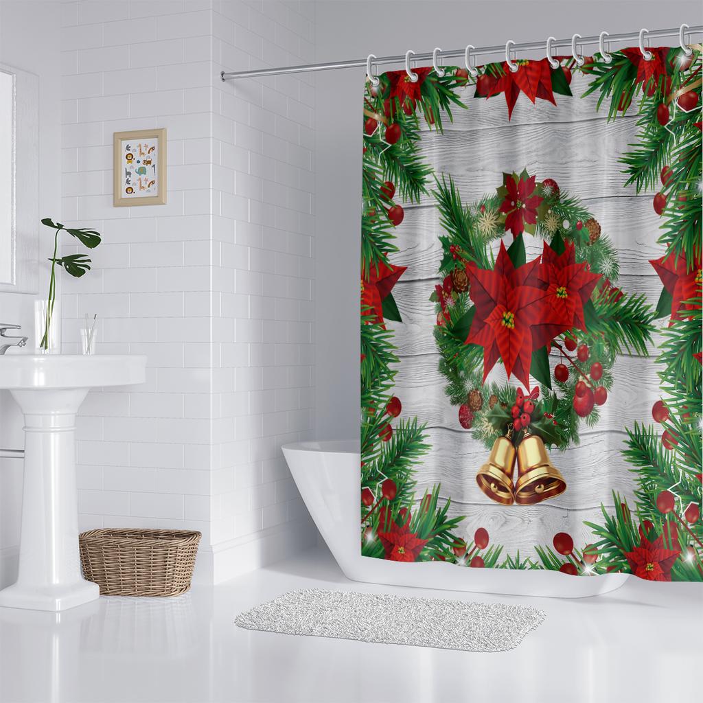 1pc Christmas Bell Print Waterproof Shower Curtain Bathe Curtains Partition Multiple Sizes 12 Hooks Privacy Protection