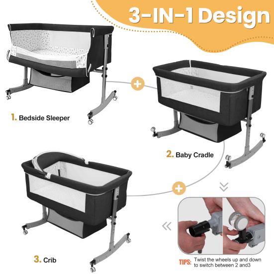Culla da comodino multifunzione 3 in 1 con cesto portaoggetti, Culla per neonati regolabile in altezza su 6 livelli con zanzariera, Convertibile portatile per neonati