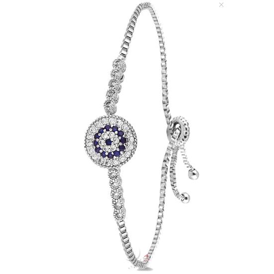 

Zirkon Taşlı Ayarlanabilir Kadın Gümüş Nazar Bileklik