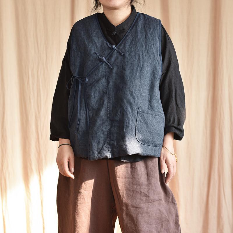 Johnature Women Chinese Style Linen Vests Coat V-Neck Sleeveless Patchwork Pockets Solid Color Fall Women Vintage Vests