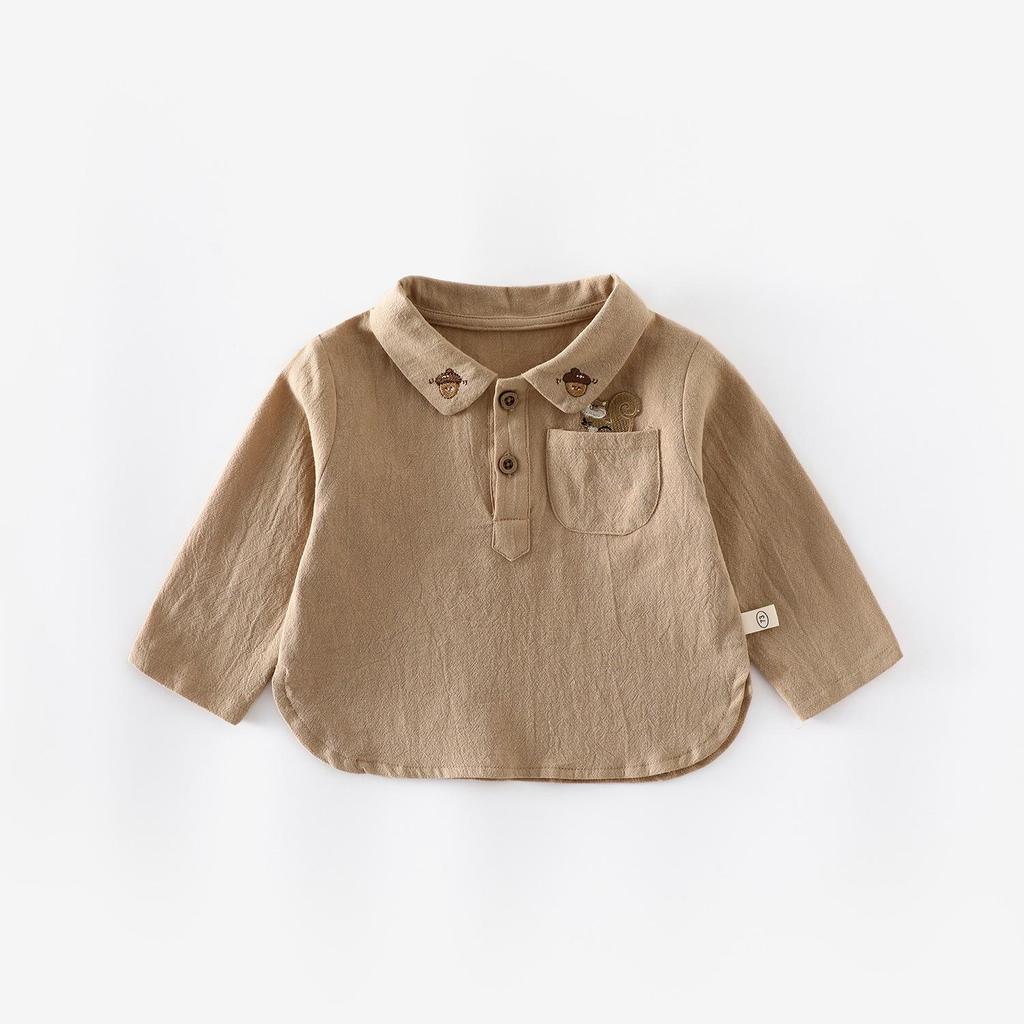 New Autumn 2025 Boys' Embroidered Squirrel Shirt: Stylish Korean-Style Top for Kids