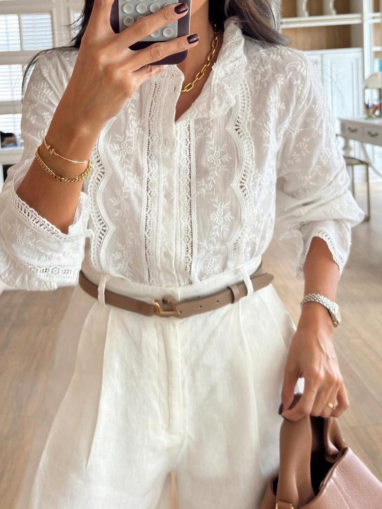 

SHEIN 2025 Ранняя осень Женская европейская и американская художественная стиль Вышитая рубашка с воротником-стойкой и длинным рукавом. M белый