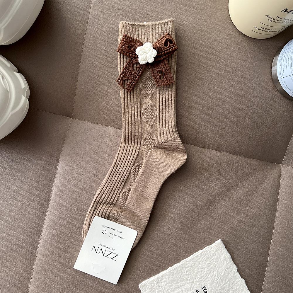 Women's Bow Floral Knit Crew Socks Thick Warm Cashmere-Like Cotton Socks Cute Lace Decor Winter Socks Soft and Breathable