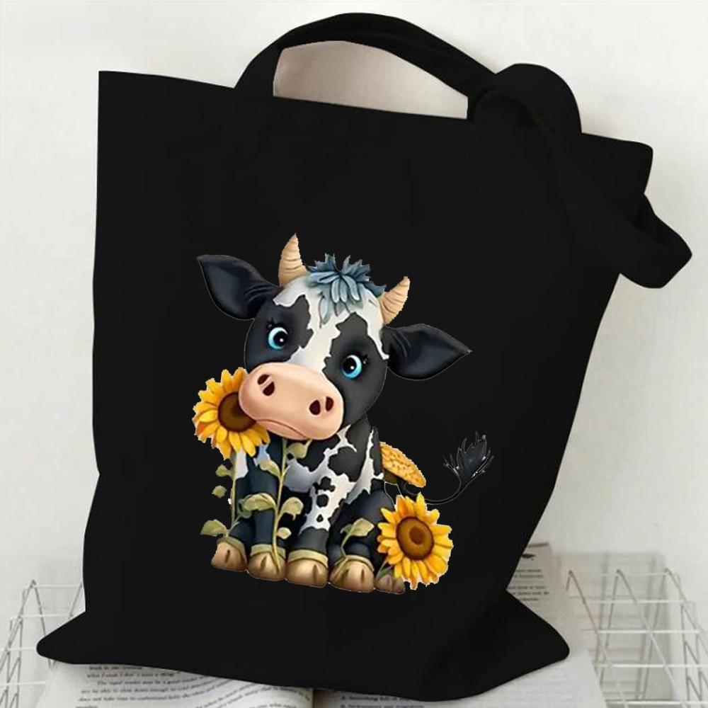 

Женская симпатичная сумка-тоут из холста с принтом подсолнуха и коровы, студенческая, большая вместительная пляжная сумка через плечо, женская повседневная сумка для путешествий и покупок