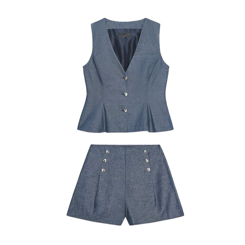 Linen Blend Vest 3679785 Casual Shorts 3680785 Button Decoration Wide Leg Pants 7935785