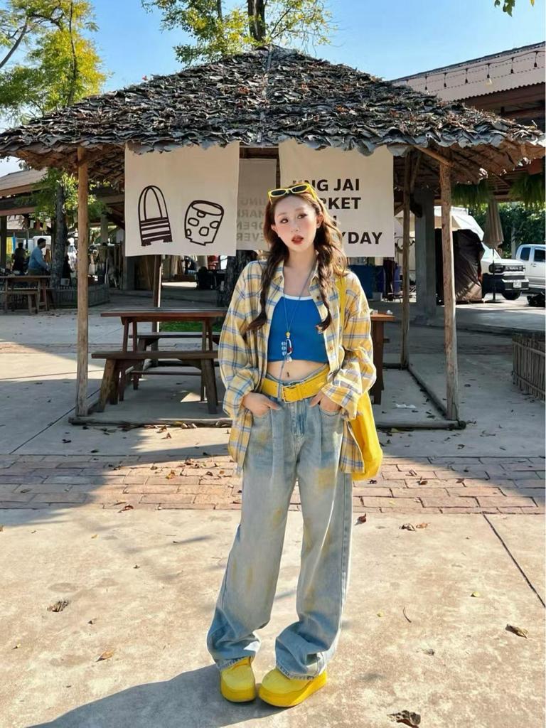 Damen Amerikanische Retro Gelb Kariert Langarm Sonnenschutzhemd - Herbst Dünn Locker Geschnittene Bluse